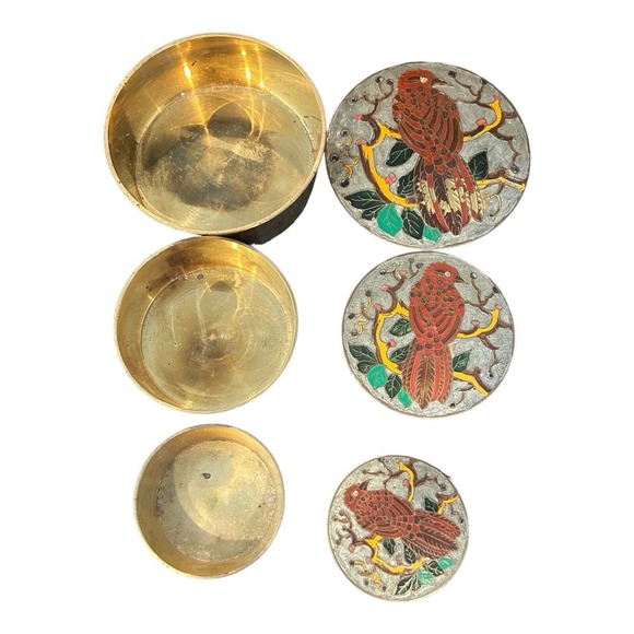 Cloisonné Cardinals Brass Nesting Trinket Boxes Round India Set Of 3‎ - Picture 1 of 16